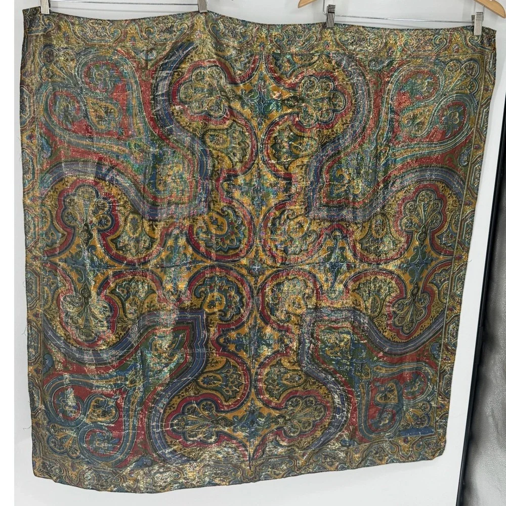Vintage Metallic Gold Paisley Scarf Blue Red Green Lurex Square Head Wrap 28x28